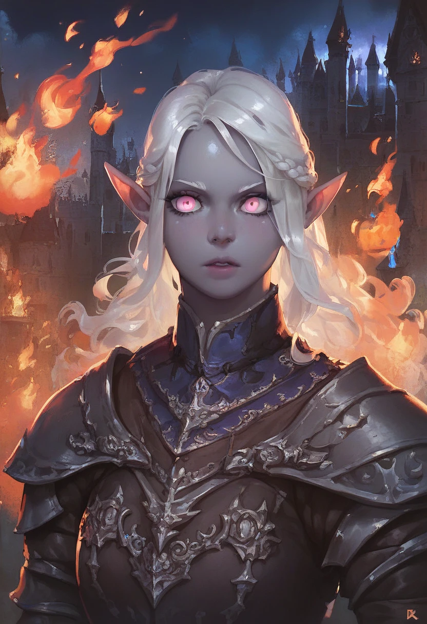 ((Best quality)), ((masterpiece)), (detailed), 1 elf girl, portrait, , gray skin, glowing pink eyes, dark fantasy, night, fire, aura, dark fantasy, medieval, white hair, night, castle, style Lady Eboshi, european,darkness, micro penis, small balls