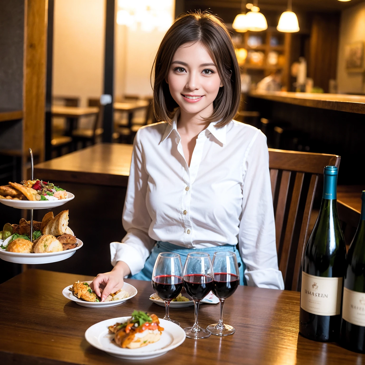 ((Highest quality、8k、masterpiece:1.3))、slimカップル、modelカップル、(Realistic, Intricate details:1.2), full-course dinner、Wine Party、Amazing view of the sunset sky and clouds、A bright smile、The wonderfulness of smile、Bright image、The beauty of wine, Beautiful Face, blue eyes, The light shines on your face, blush, short hair,Bright Face、 (Age 37), 39 years old, red wine 、Appetizers、Italian food、Wine bottle、Champagne、sparkling wine、Two beauties、Brown Hair、Shortcuts、Long sleeve shirt、dress、Beautiful woman 1, (slimな顔), (The body is slim), (Brown Hair), (Shortcuts), cheeks turn a little red,Attractive beauty、restaurant, In a prominent place (From the waist up) Nova Frog Style, actress, model, Upper Body, White wine, slim, wine glass, 中央に置かれたwine glass, smile, (smile: 1.15), Beautiful fine grain, Depth f/2,saturation, High Contrast, Strong light and shadow,Moist Body:1.5、3D texture、Delicate eyes、Brown Hair、The hair is very shiny、