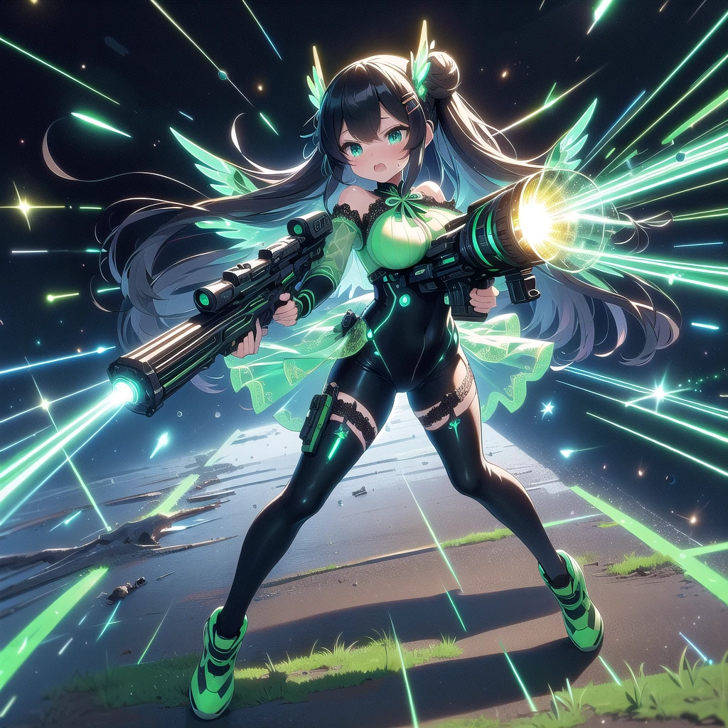 (((masterpiece))), (((best quality))), (((full body))), (((dual wielding twin buster rifle))), (((magnum sniper rifle))), (((golden huge beam impact))), (((firing))), (((glowing))), (((power)), (((electricity))), ((green mechanical wings)), (((mint gothic lace see-through tight suit))), ((off shoulder)), skirt, ((leggings)), (((flying))), (((space))), earth \(planet\), (((planet))), solo, 1girl, (((big tits))), very long hair, black twin bun hair, hairclip, ribbon, open mouth, sweat, shy, blush, ((slim figure)), 