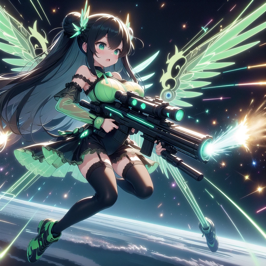 (((masterpiece))), (((best quality))), (((full body))), (((dual wielding twin buster rifle))), (((magnum sniper rifle))), (((golden huge beam impact))), (((firing))), (((glowing))), (((power)), (((electricity))), ((green mechanical wings)), (((mint gothic lace see-through tight suit))), ((off shoulder)), skirt, ((leggings)), (((flying))), (((space))), earth \(planet\), (((planet))), solo, 1girl, (((big tits))), very long hair, black twin bun hair, hairclip, ribbon, open mouth, sweat, shy, blush, ((slim figure)), 