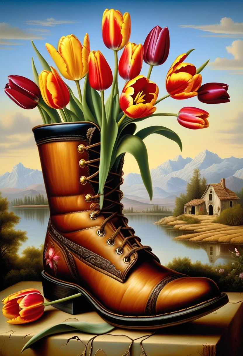 Surreal illustration by Kevin Sloan, oil painting, Beautiful tulips growing in a torn old army boot, against the background of a desolate post-apocalyptic Renaissance desert 
((Kevin Sloan style)) ,((Hyper-realistic)), Kevin Sloan gradient, Complex details, Intricate, aesthetics, ((best quality, Masterpiece)),
((Highest detail), Octane rendering, hd, f/2.8, 8K