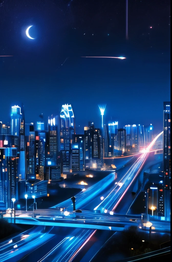 A city landscape with a blue Portal in the night sky with shooting stars falling from it that shining in different colors