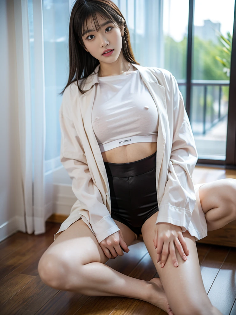 Araffe woman wearing a white shirt and shorts poses for a photo., digital art by Ren Renfa, Instagram, digital art, A tight, smooth white suit., Wear simple, tight-fitting clothing., Cottagecore!! body exercise, Cropด้านบน, Crop, It fits the shape deliciously., The outfit is tight., attractive body, Open V-chest shirt, interesting costumes, wearing Cropด้านบน