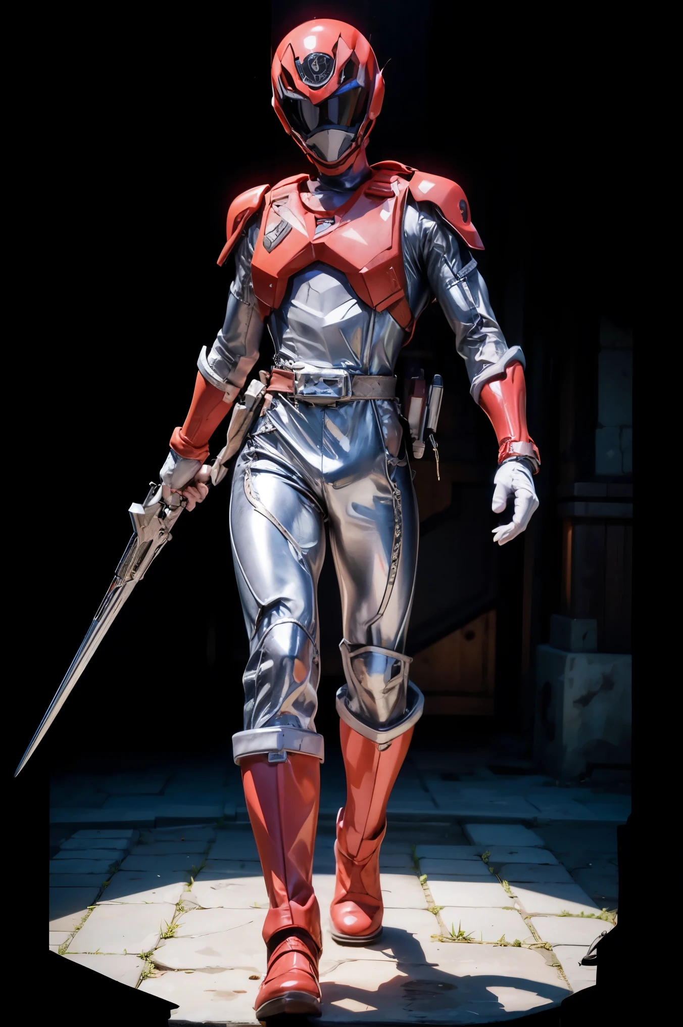1boy, white, full body, Illustration, cinematic light, high resolution, best quality, ultra detailed, masterpiece, power suit, powerranger, suit, spd, (silver royal guard ranger suit), gold detail, holding white pistol,