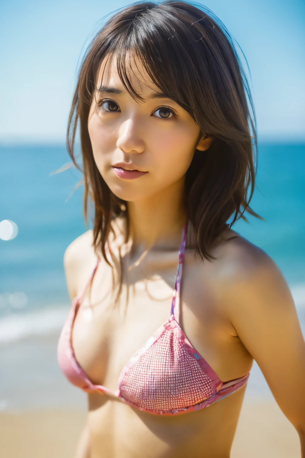 8k, highest quality, masterpiece, super high resolution, (realistic:1.4), RAW Photos, (Film Grain:1.3), One Girl, portrait of a skinny Japanese woman, 30 years old, standing on the beach, a cute face, detailed face, detailed eyes, {short|long} hair, correct body anatomy, wearing a bikini, photogravure