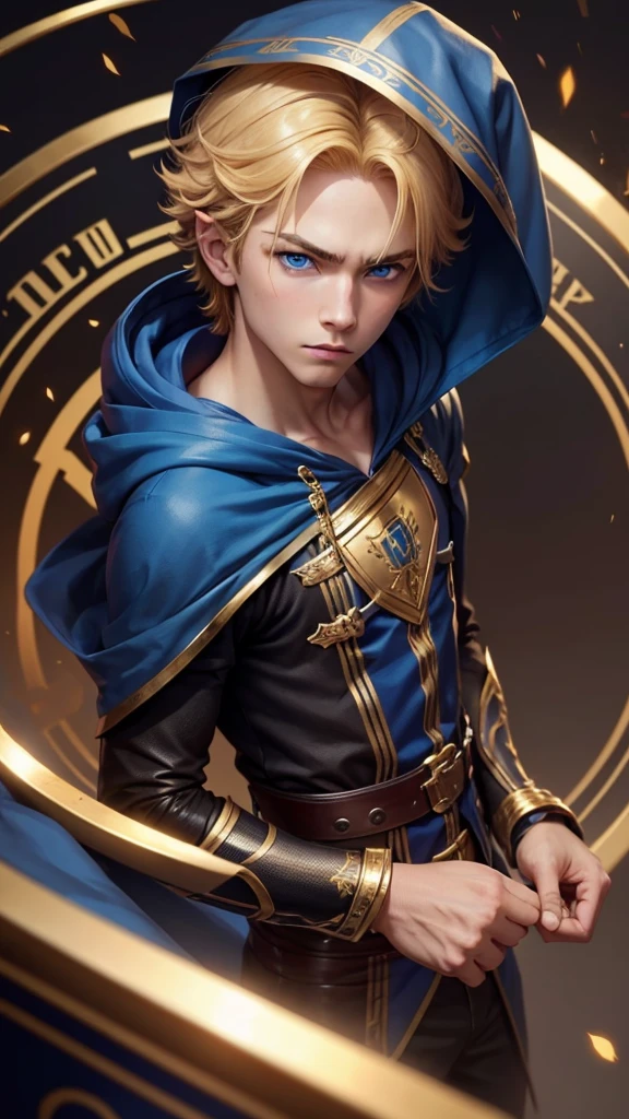 1boy,Solo, high resolution, looking at the audience, blue eyes, golden hair, simple background, shut your mouth, Hood, precise, best quality, เอาHoodลง, serious, 