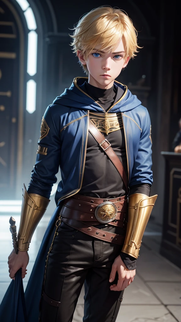 1boy,Solo, high resolution, looking at the audience, blue eyes, golden hair, simple background, shut your mouth, Hood, precise, best quality, เอาHoodลง, serious,