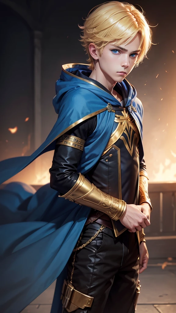 1boy,Solo, high resolution, looking at the audience, blue eyes, golden hair, simple background, shut your mouth, Hood, precise, best quality, เอาHoodลง, serious,