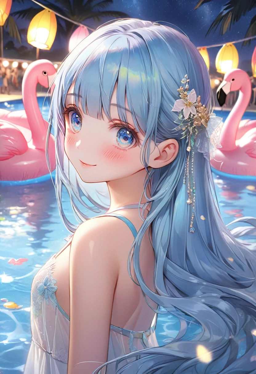 masterpiece, best quality, extremely detailed, (illustration, official art:1.1), 1 girl ,(((( light blue long hair)))), ,(((( light blue long hair)))),light blue hair, , long hair ((blush)) , cute face, big eyes, masterpiece, best quality,(((((a very delicate and beautiful girl))))),Amazing,beautiful detailed eyes,blunt bangs((((little delicate girl)))),tareme(true beautiful:1.2), sense of depth,dynamic angle,,,, affectionate smile, (true beautiful:1.2),,(tiny 1girl model:1.2),)(flat chest), 1 girl in a pool with Inflatable flamingo floats, Pool Party, Ultra-detailed face and eyes、Detailed Eyes、Delicate face、Summer swimming , Inflatable, Carnival floats, summer festival night, festival, 夏のnight, Are you having fun, Having a great time, Warm and fun atmosphere, Have fun, drink, Beach , night, music festival, Splash House, cool , Features