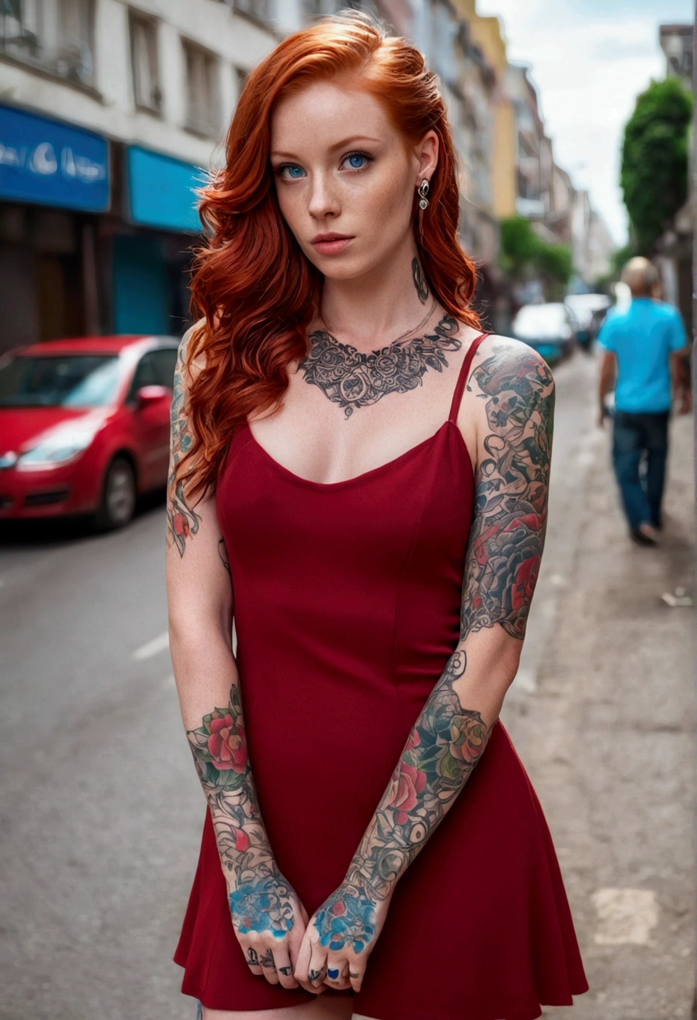 redhead model with tattoos wearing short red dress with blue eyes in realistic busy street