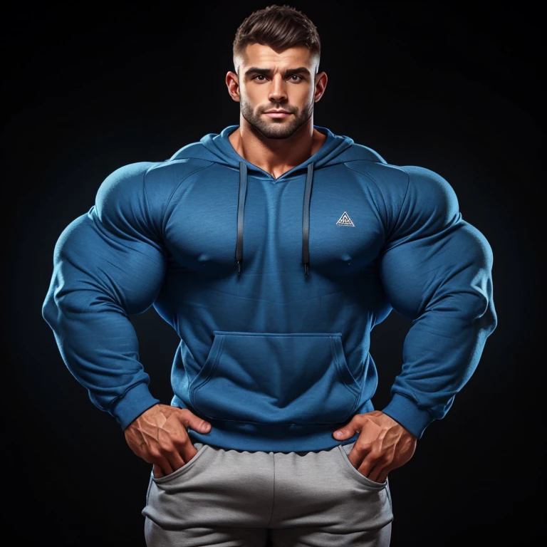 a young man, big eyes, short hair, wearing a tight simple blue sweatshirt with long sleeves, massively muscular, with massively large muscles, with his hands in his pockets, on a black background