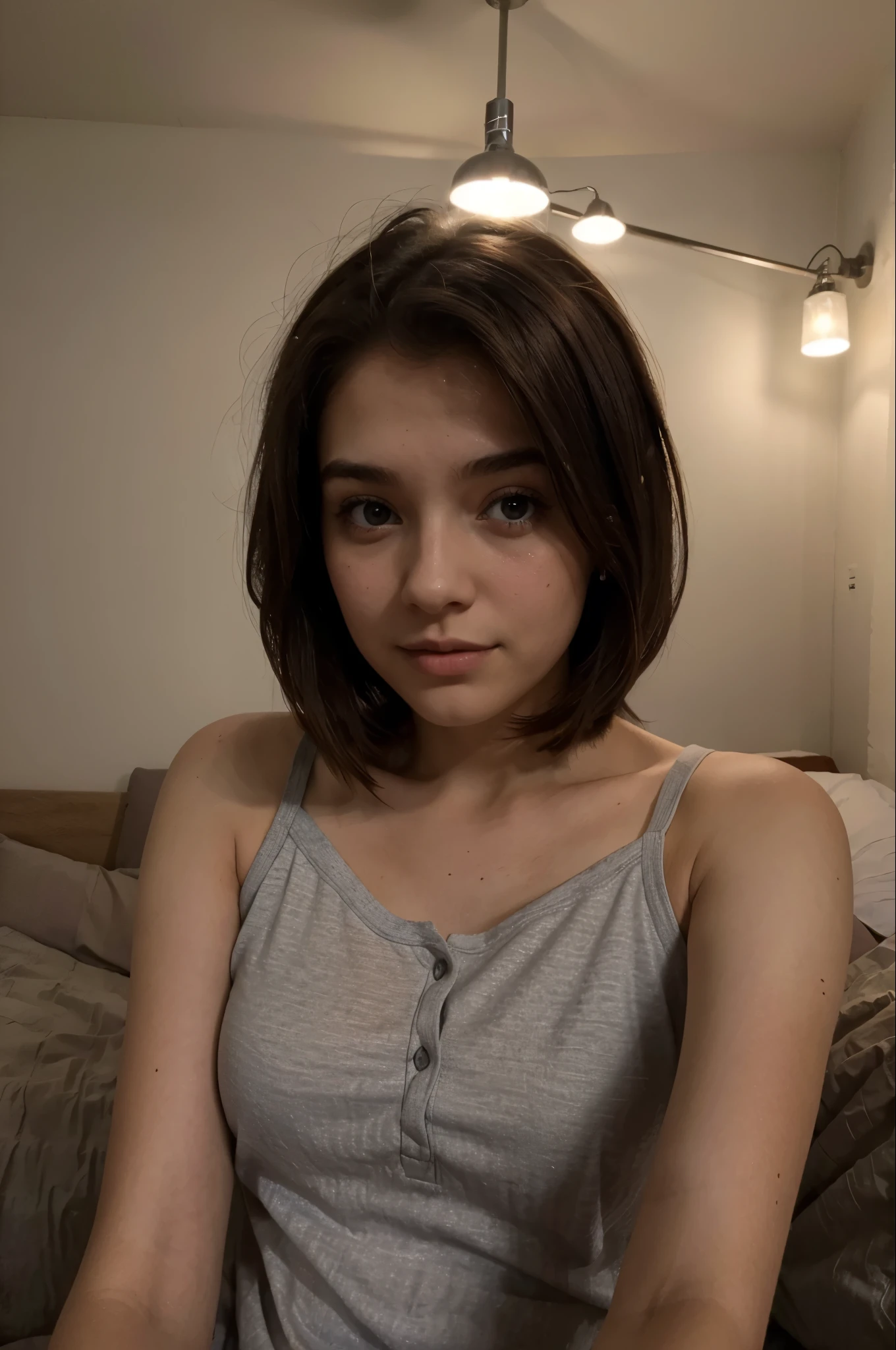 1 Girl, SELFIE recostada en su cama, iluminacion nocturna, despeinada, vestida con pijama, 21 years old, Brown hair , Short hair reaching shoulders, Gray eyes,