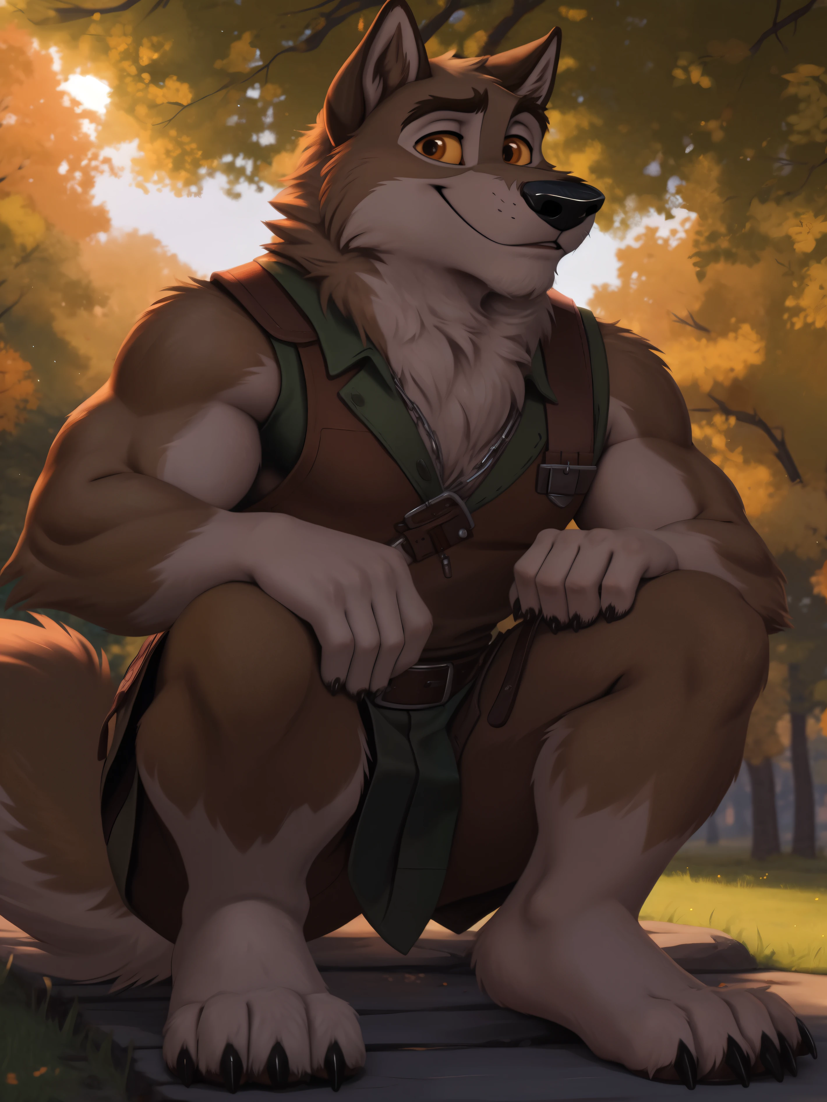 (baltowd), (balto), wolfdog, solo, 1boy, ((smiling)), realistic, anthropomorphic, muscular, (by personalami:0.5), (by unpopularwolf:1.1), (soft shading), 4k, hi res, 8k, detailed eyes, 8k eyes, eyes focus, orangish-brown eyes, yellow sclera, 5fingers, handsome, outdoors, park, trees, grass, detailed_background, full view, ((fully body shown)), (feet shown), baltowd