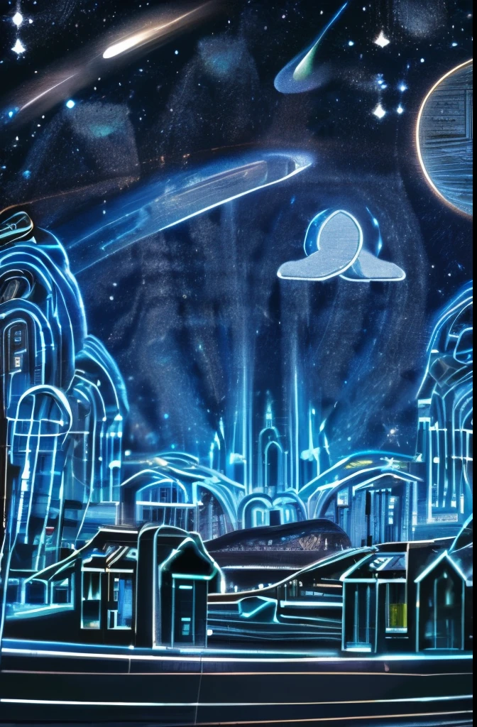 A city landscape with a blue Portal in the night sky with shooting stars falling from it that shining in different colors