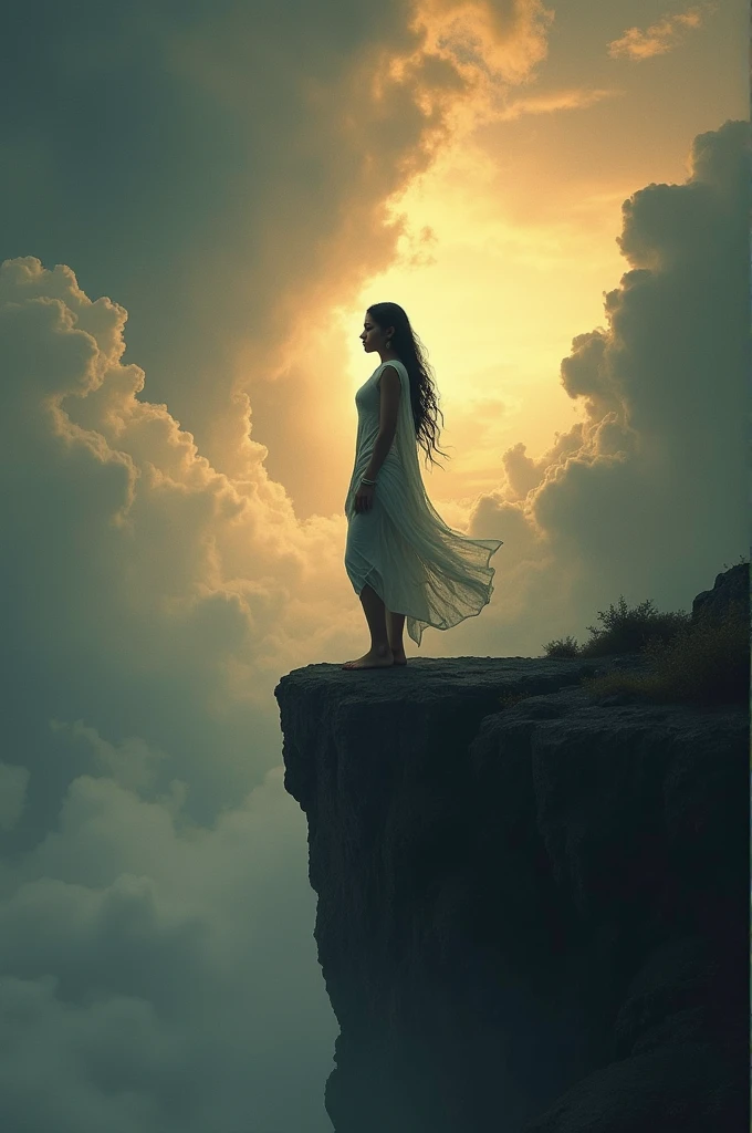 A solitary figure of Amba from the Mahabharata, standing at a dramatic cliff edge in ancient India, her eyes filled with determination and resolve. The sky is filled with stormy clouds, symbolizing her inner turmoil and vow for revenge