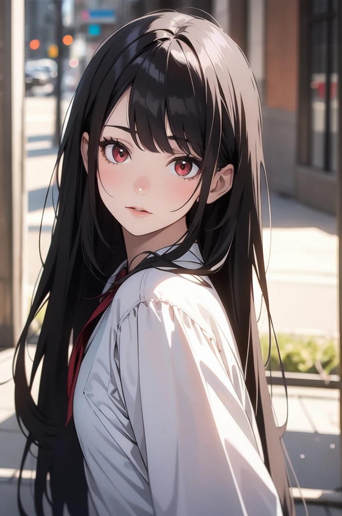 One girl,Dark Style, Black Hair, White skin, Red eyes, Long Hair, bangs