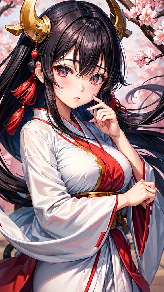 Light flowing long hair, loose hair, red eyes, bad expression, black stockings texture matching, loli, kimono, leaking shoulders and arms, leg ribbon, leg ring, five fingers, cherry blossoms, Japanese, ultra-low viewing angle, looking back, looking at the audience, master works, delicate, delicate, 8k