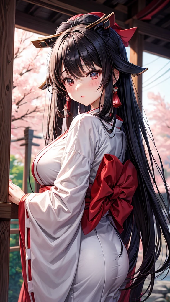 A beautiful Japanese woman in her 30s with long black hair, wearing a traditional miko outfit. The background is a solid pink color. The art style is a combination of acrylic painting and anime, focusing on a close-up of her face and upper body. Her expression is calm and gentle, with large expressive eyes and subtle blush on her cheeks. The miko outfit includes a white kimono top with red hakama pants.