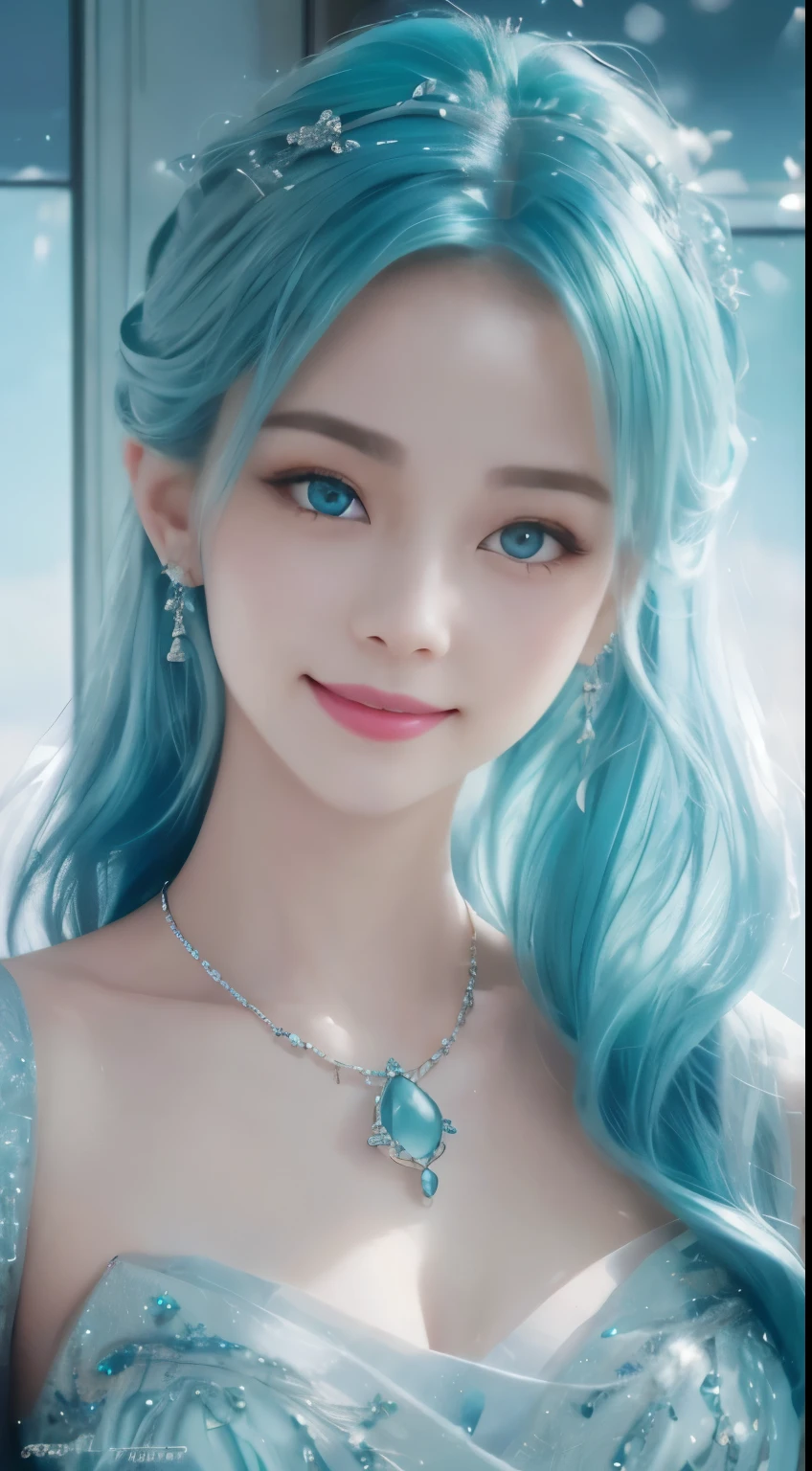 ponytail, Snow Peak Pavilion, hairpin, colored contact lenses(Shelley Gregg), aqua eyes, Nedium Chest, smiling, like a jewel(earring), modern, Chiaroscuro, movie lights, nikon, 85mm, high quality, 8k, best quality, super detail