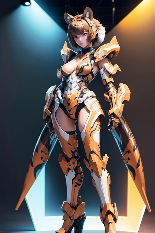 full body, Exposed breasts, Short-haired girl, Brown Hair, Tiger-themed mecha, High resolution, accurate, Anatomically correct, 最high quality, detail, 高いdetail, high quality, Multiview, Exposed shoulders, Exposed Skin, Neon Light,