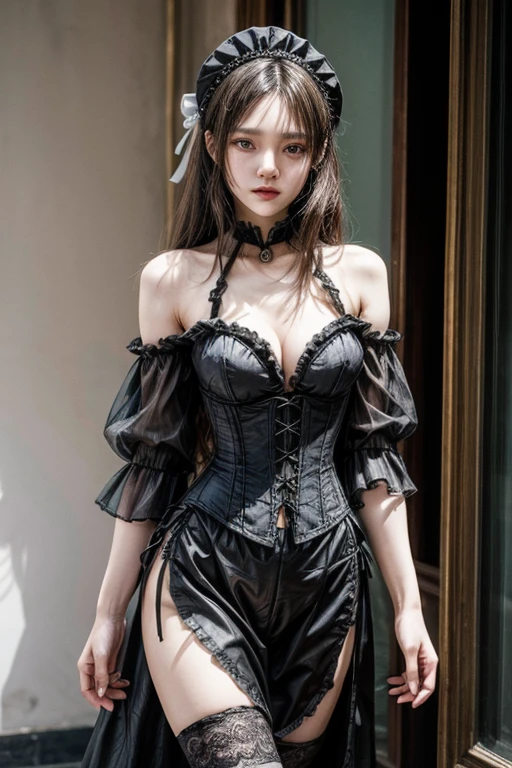 Victorian Cyber A design that combines Victorian aesthetics with cyberpunk。Corsets and frills、Costumes that combine lace and technology。The backdrop is the glamorous runway of Paris Fashion Week.。
