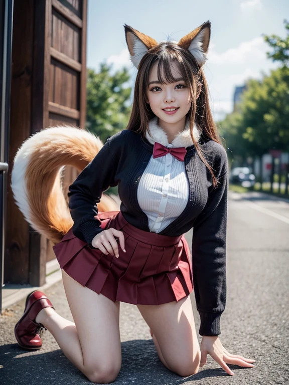 ((Highest quality, 8k)), ((masterpiece)), (Highest Resolution), Perfect Face, fox girl, high school girl, Beautiful woman, public, Has one tail, She has thick thighs, a large tail, She has a red fox tail, She wags her tail, Troubled face, fur collar, She wears a short skirt, Beautiful Hips , Big Breasts, The skirt is rolled up with a big tail