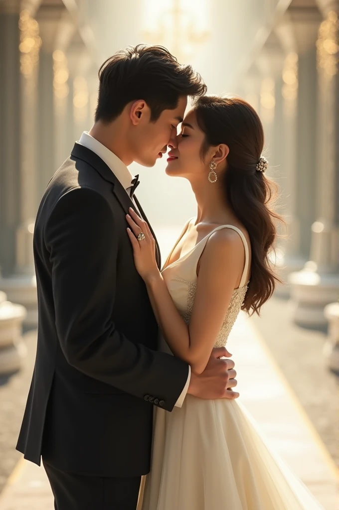 CEO and his beautiful wife,CEO wears a suit,Wife wears white high-end cross-section wedding dress,kiss,Idol drama cover