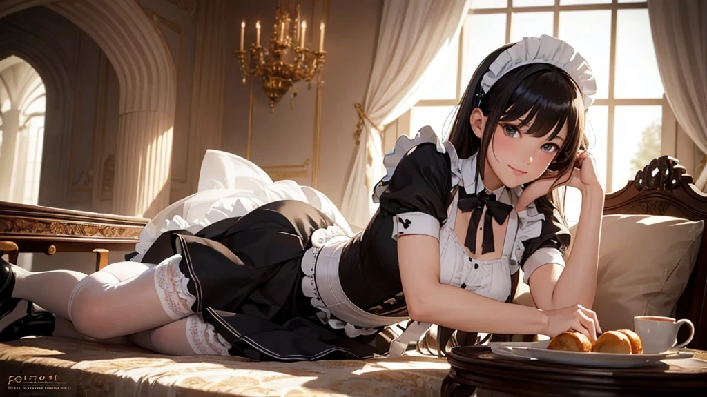 ((correct anatomy)), (masterpiece, high resolution,ultra - detailed:1.0),1 girl, solo, Young and beautiful women,eye looking to camera,Perfect female body, , Extremely detailed CG,Unity 8k wallpaper，Complicated details, solo person, (Maid clothes), French Maid Uniform,  Maid dress, lace stockings, color difference, Depth of field,dramatic shadow, Ray tracing, Best quality, Cinematic lighting, Beautiful young maid, manipulative cunning, sly dominant maid, lying, older sister, strict and caring, light smile to you