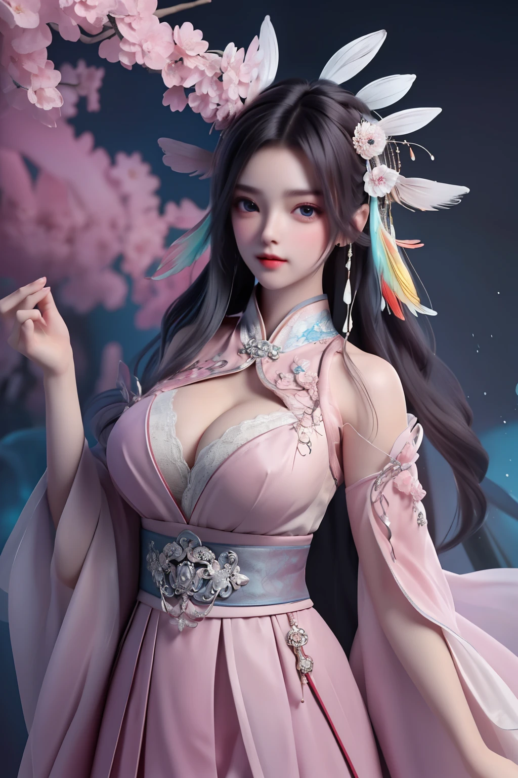 (8k, RAW photo:1.2), best quality, ultra high res,dramatic angle,(fluttered detailed color splashs), (illustration),(((1 girl))),(long hair),(rain:0.9), (Headdress:1.4),There is an ancient palace beside the girl,Hanfu,(Key Points),Color ink painting,(Splash of Color),Splash of Color,(((colorful))),(sketch:0.8) , Masterpiece, best quality, beautiful painted, highly detailed,(denoising:0.6),[splash ink],((ink refraction)), (beautiful detailed sky),moon,highly,detaild,(masterpiece, best quality, extremely detailed） CG Unity 8k Wallpaper，masterpiece，best quality，Ultra Detailed），（Lycoris）. hanfu open v open V-chested clothes Thin silk lace dress , (huge ，cleavage),, white pinkand gren，best qualtiy，tmasterpiece，Ultra-high resolution，（Reality：1.4），RAW photogr，（True skin texture：1.3），（filmgrain：1.3），（Selfie angle），1个Giant Breast Girl，Beautiful eye and face details，tmasterpiece，Best quality at best，，The chest more exposed， detailed hair, bra pink , detail 8k, upper body, lace petticoat