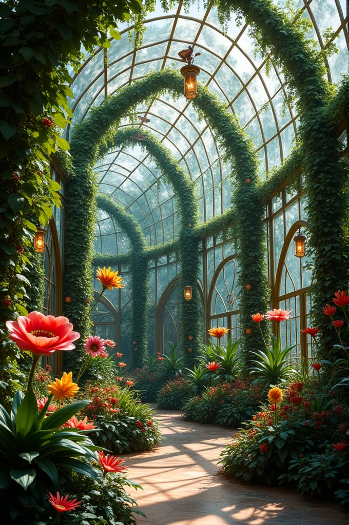 A lush greenhouse filled with exotic, vitreous plants that seem to glow from within. The glass walls are covered in intricate, swirling patterns of Art Nouveau design, framing the vibrant colors of the flora inside. Vines with vitreous leaves twist around golden arches, and flowers with vitreous petals