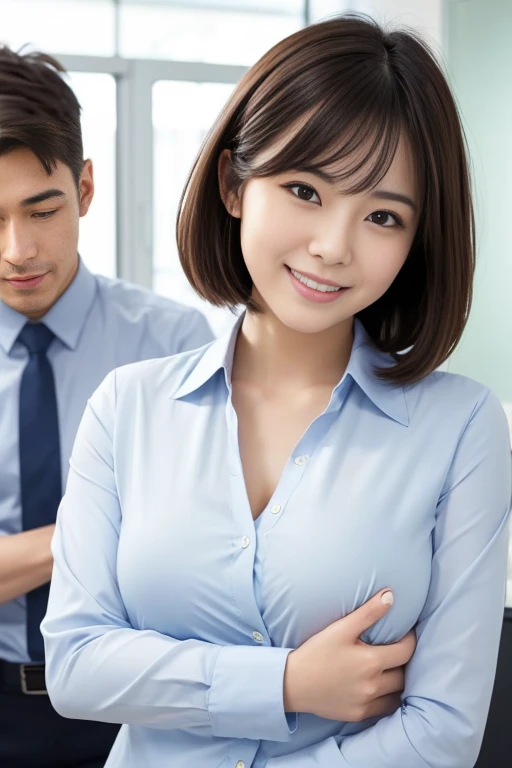 A Japanese career woman with a beautiful smile、Women who look good with short hair、Her thighs are attractive、Beautiful accentuated chest、She is being hugged by a male colleague in the office、The man&#39;s hands are on her chest and hips、