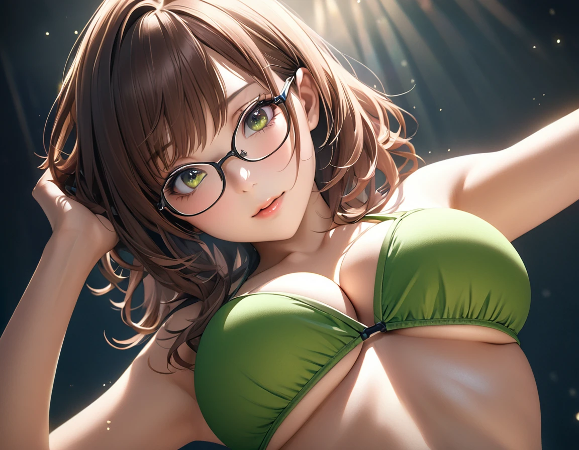 (high resolution:1.4)、(High resolution:1.4)、Beautiful woman alone、Green bikini swimsuit、Brown Hair、Medium-long hairstyle、「Idol Master」Characters「Ritsuko Akizuki」、Glasses、Look towards the camera、Beautiful and glowing skin、Softly lit, cinematic colors、Incredibly realistic texture、Photorealistic and colorful、Large, beautiful, dense breasts、Attractive large waist、Underarm、[[[Good move]]]、Highly detailed face and eyes、Beautiful navel、Looking down、
