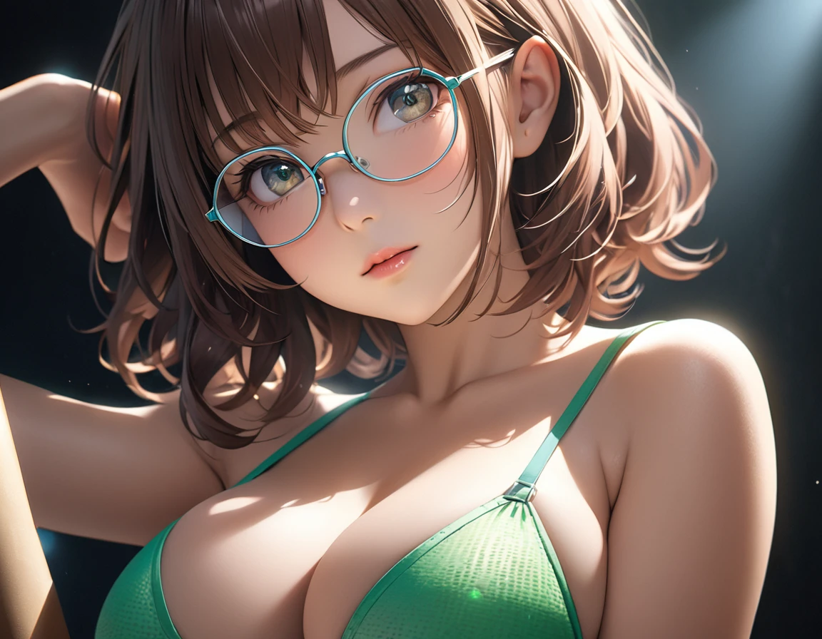 (high resolution:1.4)、(High resolution:1.4)、Beautiful woman alone、Green bikini swimsuit、Brown Hair、Medium-long hairstyle、「Idol Master」Characters「Ritsuko Akizuki」、Glasses、Look towards the camera、Beautiful and glowing skin、Softly lit, cinematic colors、Incredibly realistic texture、Photorealistic and colorful、Large, beautiful, dense breasts、Attractive large waist、Underarm、[[[Good move]]]、Highly detailed face and eyes、Beautiful navel、Looking down、
