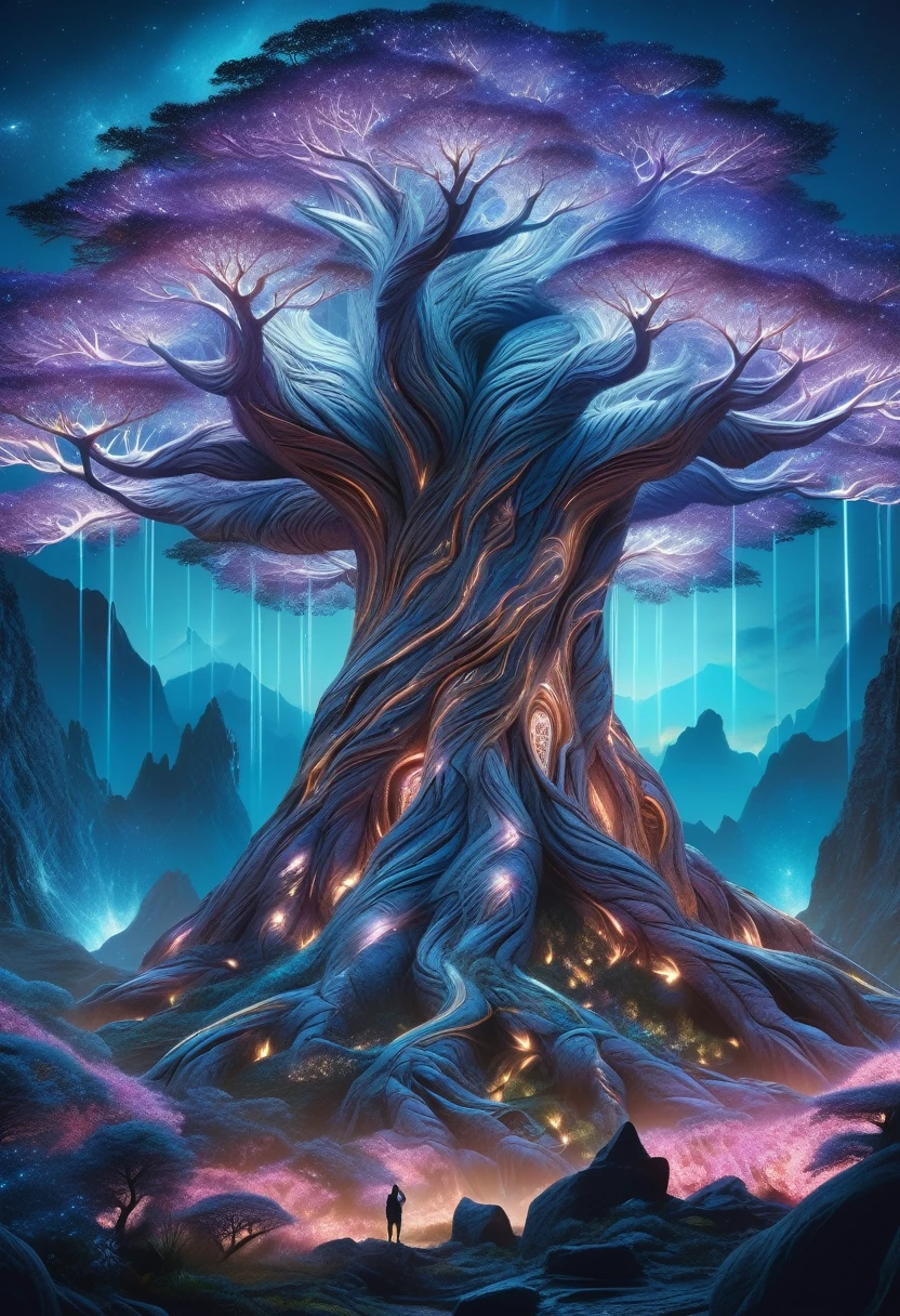hyper detailed masterpiece, DonM3t3rn1tyXL, magical mountain with the enormous ancient Worldtree. Its should be dim and mystical, possibly glowing with an otherworldly bioluminescent light. Its pose is majestic and regal, exuding a sense of magical power and grace. Set the in an enchanting ethereal light and mystical flora surrounding it