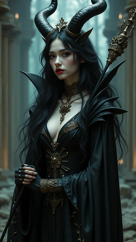 Black long hair,Dragon Horn,accessories,Queen,Maleficent,Holding a scepter,Red lipstick,Dragon Girl
