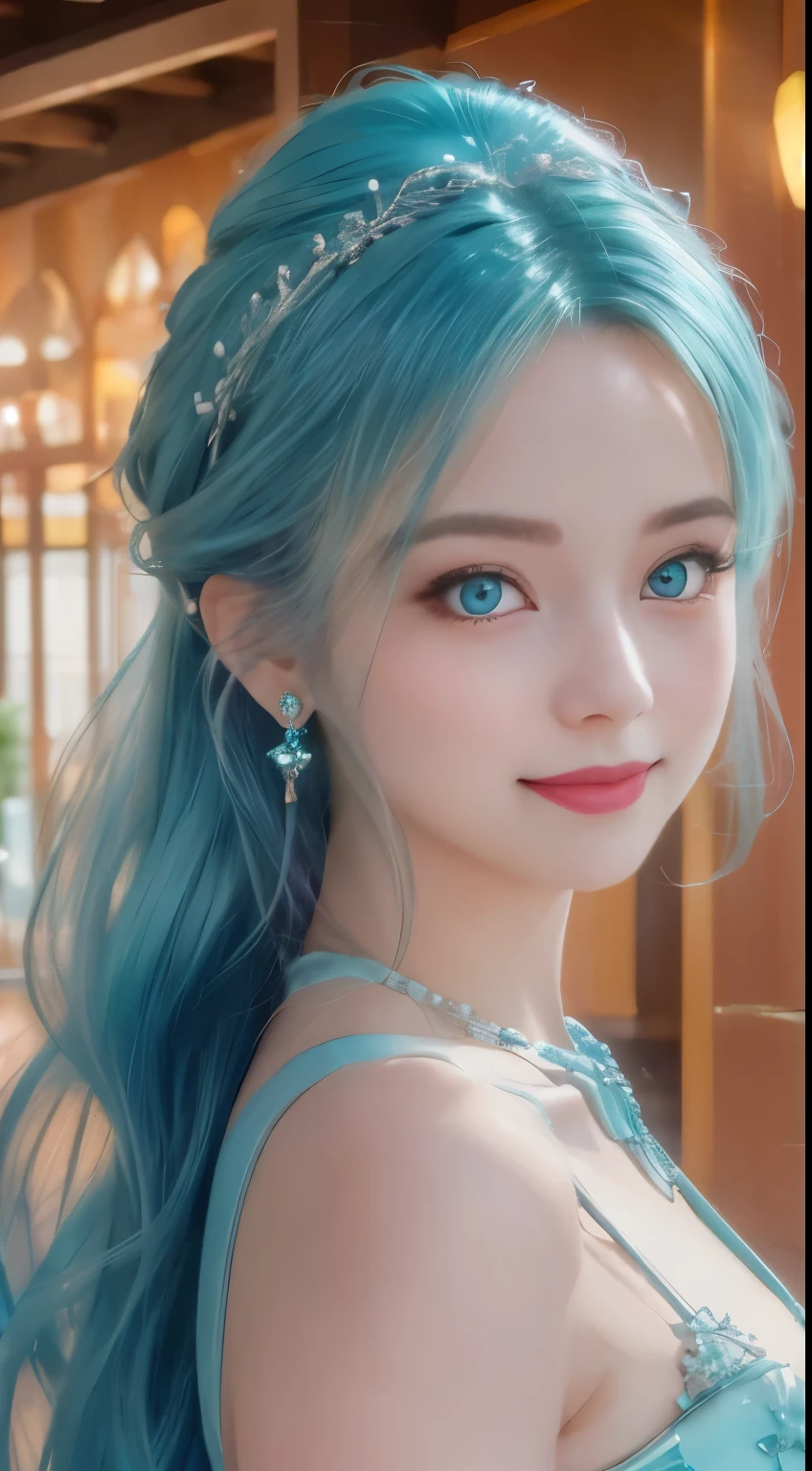ponytail, Snow Peak Pavilion, hairpin, colored contact lenses(Shelley Gregg), aqua eyes, Nedium Chest, smiling, like a jewel(earring), modern, Chiaroscuro, movie lights, nikon, 85mm, high quality, 8k, best quality, super detail