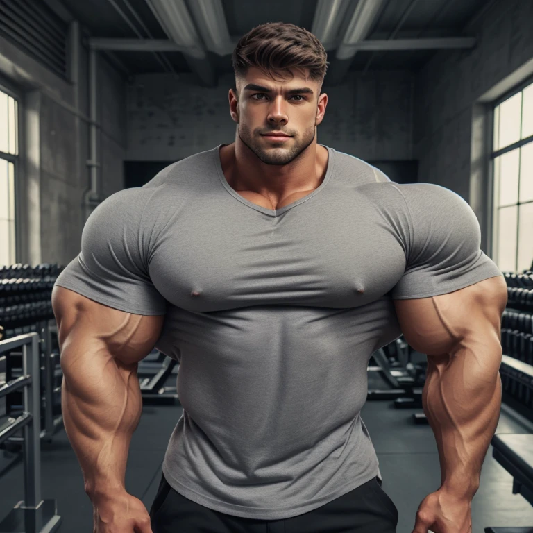 a young and very handsome man, gray shirt, extremely handsome, very muscular, with very large muscles, defined and muscular body