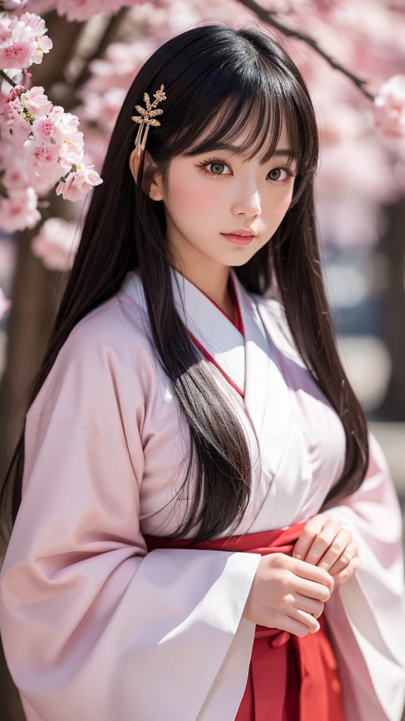 A beautiful Japanese woman in her 30s with long black hair, wearing a traditional miko outfit. The background is a solid pink color. The art style is a combination of acrylic painting and anime, focusing on a close-up of her face and upper body. Her expression is calm and gentle, with large expressive eyes and subtle blush on her cheeks. The miko outfit includes a white kimono top with red hakama pants.胸は小さい