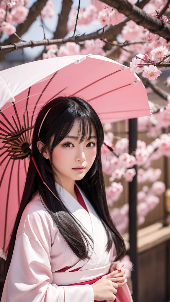 A beautiful Japanese woman in her 30s with long black hair, wearing a traditional miko outfit. The background is a solid pink color. The art style is a combination of acrylic painting and anime, focusing on a close-up of her face and upper body. Her expression is calm and gentle, with large expressive eyes and subtle blush on her cheeks. The miko outfit includes a white kimono top with red hakama pants.胸は小さい
