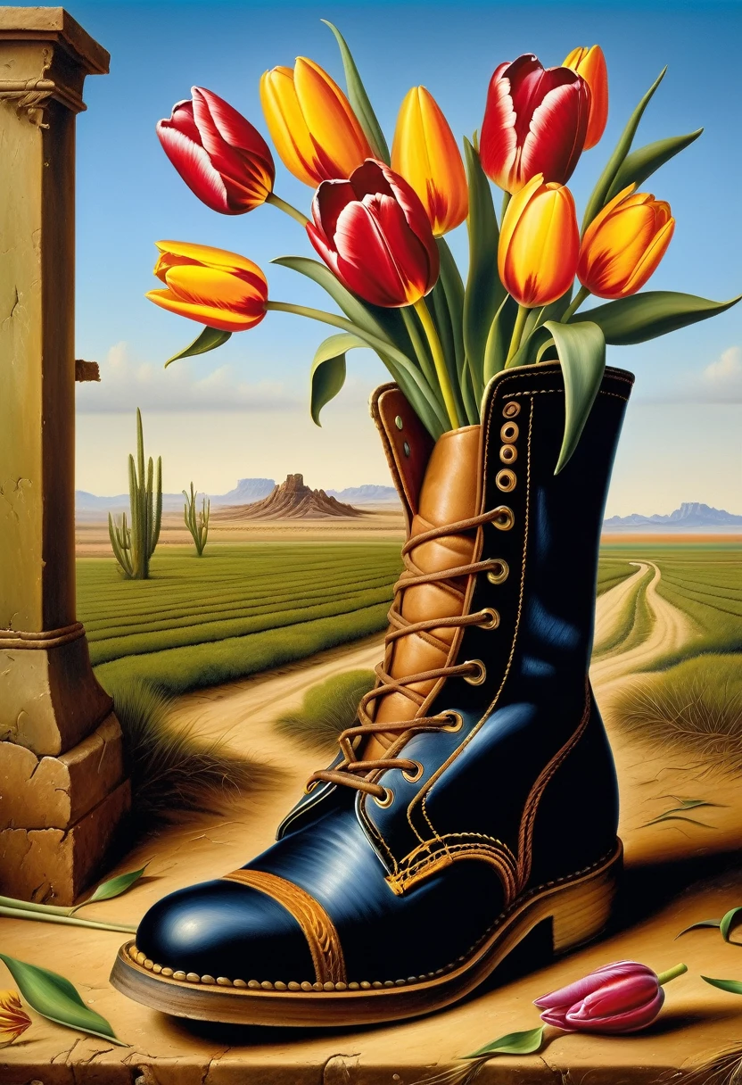 Surreal illustration by Kevin Sloan, oil painting, Beautiful tulips growing in a torn old army boot, against the background of a desolate post-apocalyptic Renaissance desert 
((Kevin Sloan style)) ,((Hyper-realistic)), Kevin Sloan gradient, Complex details, Intricate, aesthetics, ((best quality, Masterpiece)),
((Highest detail), Octane rendering, hd, f/2.8, 8K