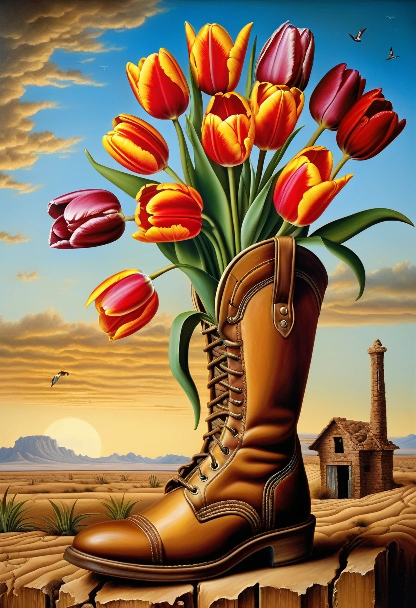 Surreal illustration by Kevin Sloan, oil painting, Beautiful tulips growing in a torn old army boot, against the background of a desolate post-apocalyptic Renaissance desert 
((Kevin Sloan style)) ,((Hyper-realistic)), Kevin Sloan gradient, Complex details, Intricate, aesthetics, ((best quality, Masterpiece)),
((Highest detail), Octane rendering, hd, f/2.8, 8K