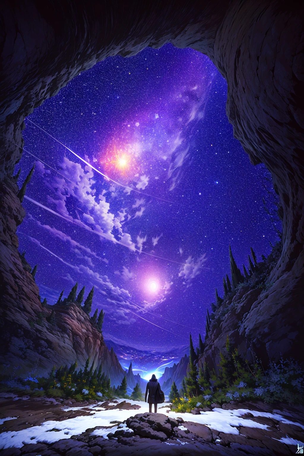 masterpiece、Background with((Fantastic starry sky、meteors、black hole))、Depth((Huge fantastic tree、Luminescent vegetation、Duan))、Looking up