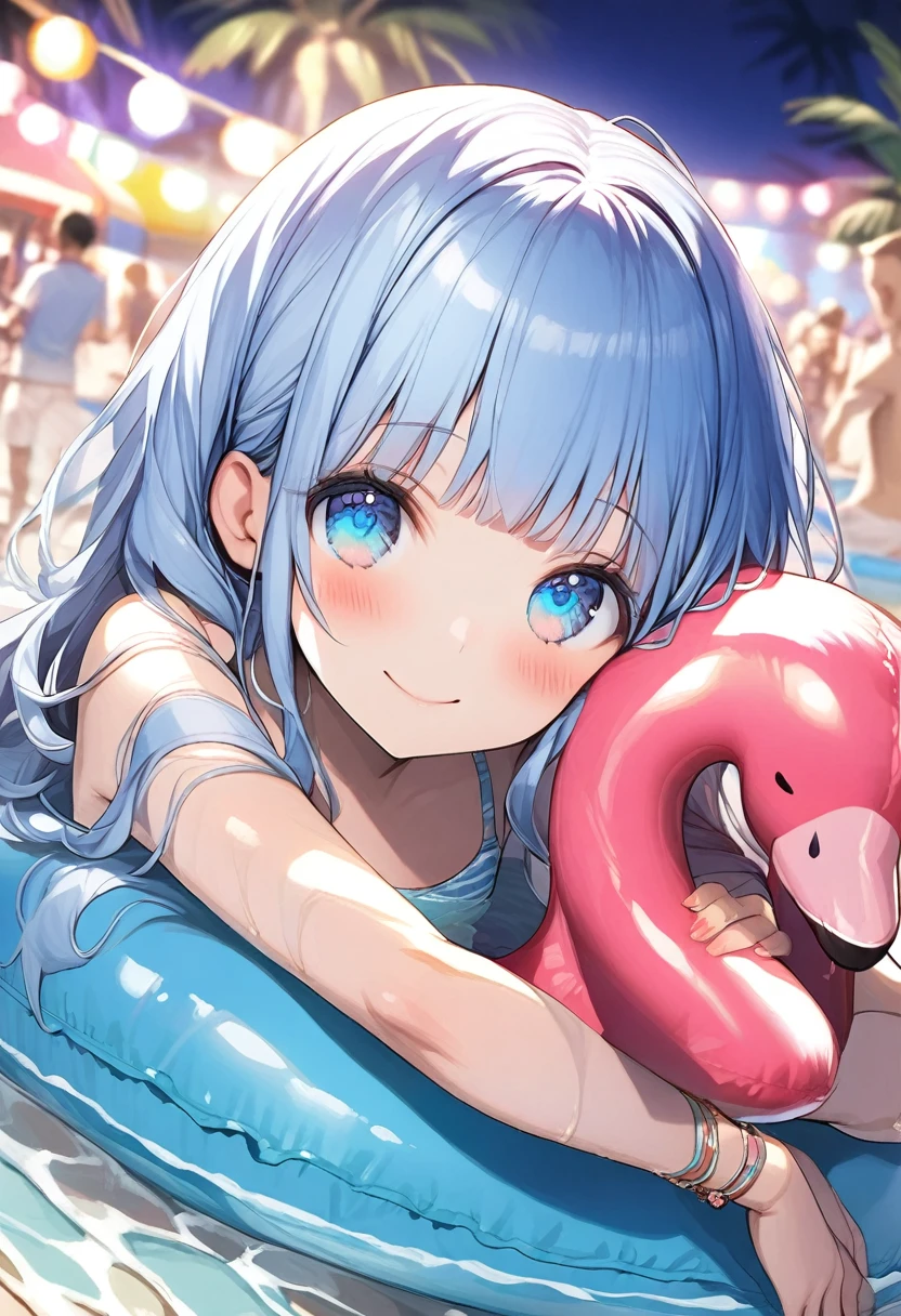 masterpiece, best quality, extremely detailed, (illustration, official art:1.1), 1 girl ,(((( light blue long hair)))), ,(((( light blue long hair)))),light blue hair, , long hair ((blush)) , cute face, big eyes, masterpiece, best quality,(((((a very delicate and beautiful girl))))),Amazing,beautiful detailed eyes,blunt bangs((((little delicate girl)))),tareme(true beautiful:1.2), sense of depth,dynamic angle,,,, affectionate smile, (true beautiful:1.2),,(tiny 1girl model:1.2),)(flat chest), 1 girl in a pool with Inflatable flamingo floats, Pool Party, Ultra-detailed face and eyes、Detailed Eyes、Delicate face、Summer swimming , Inflatable, Carnival floats, summer festival night, festival, 夏のnight, Are you having fun, Having a great time, Warm and fun atmosphere, Have fun, drink, Beach , night, music festival, Splash House, cool , Features