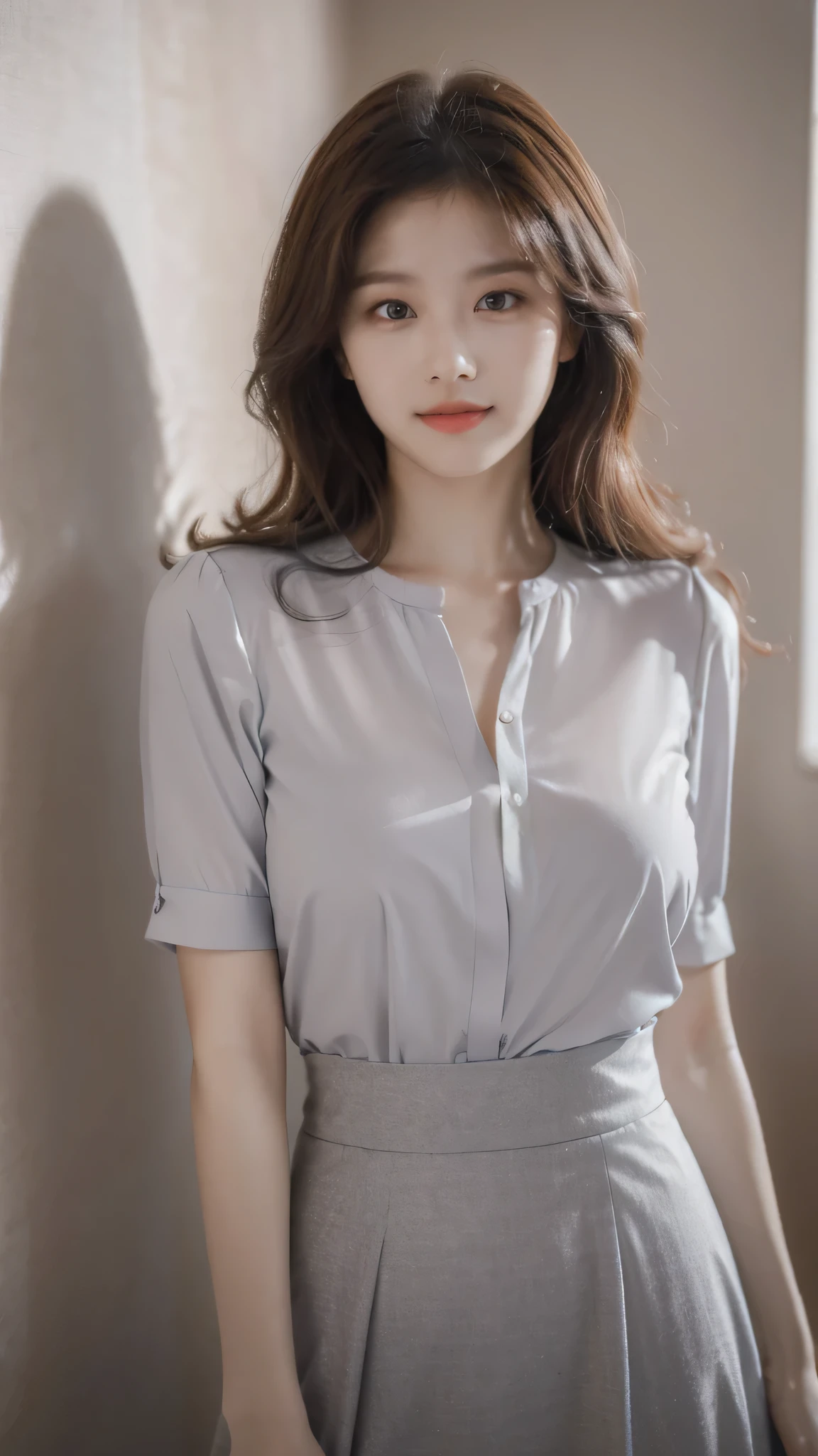 detailed background, masterpiece, best quality, 1 person , curly hair, long hair, purple eyes, star in eye , grey Strapless blouse, long  skirt, grey, tight , grey blouse 