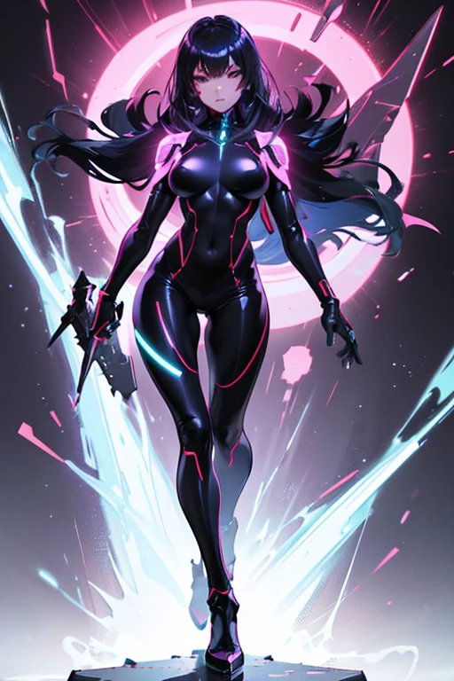 full body, Futuristic girl in high tech combat suit, Smooth, skin-tight bodysuit, Detailed facial features, Sharp Eye, Elegant pose, Advanced Machinery, Neon Light, Metallic accents, Cinema Lighting, Vibrant colors, Dramatic atmosphere, Ultra-detailed, 8k, Shoulder Bare, Exposed Skin, Realistic、Exposed breasts、