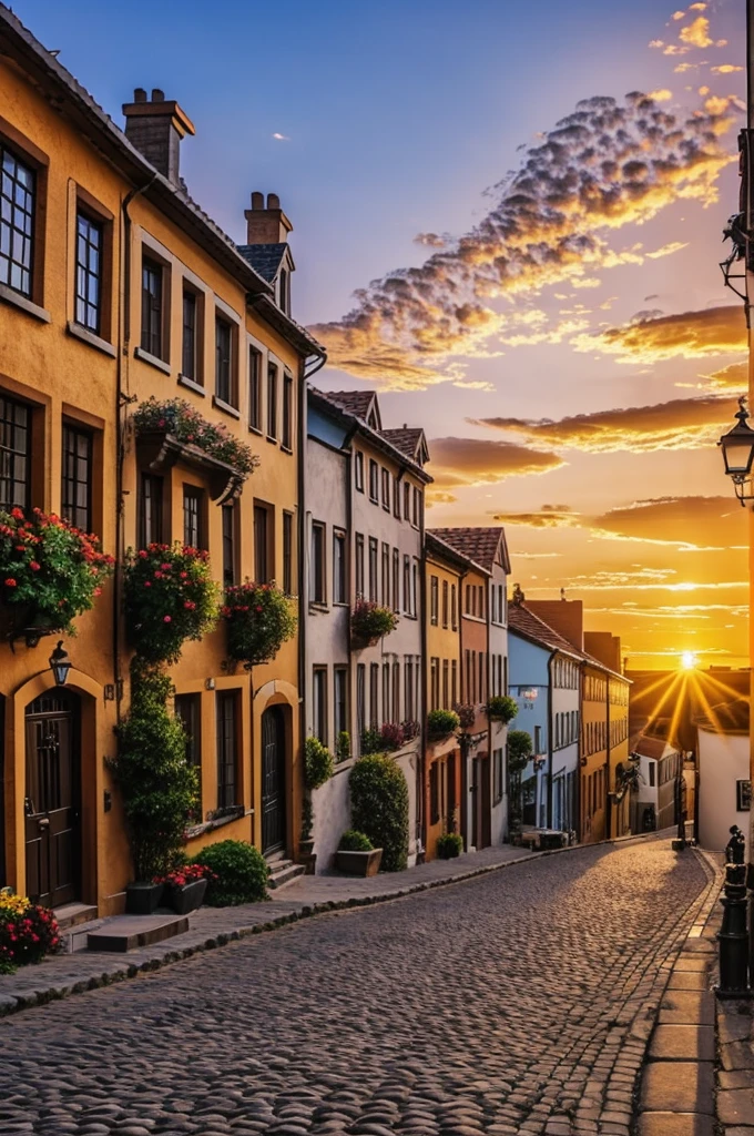 Cartoon of a town with cobblestone streets, dogs cars children playing and a beautiful sunset 