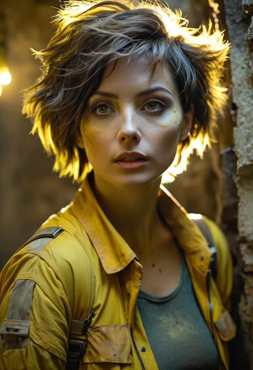 Outer space, tv on, sunshine yellow, grainy, eerie environment. creepypasta is a scary entity in the form of a girl with very big eyes and a scary smile...in the style of elson peter, diego dyer, peter mohrbacher, karol bak.focus on 1 full body frame. focus on 32k hyper hd, masterpiece, best quality, ultra detail 1.6 solo, 1 female entity imbued with the essence of cypherpunk aesthetics.