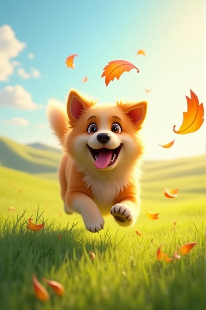 a happy dog running after a leaf carried by the wind, in a plain