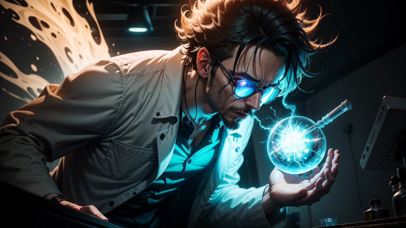 A mad scientist conducts crazy experiments in a dimly lit laboratory, Bubbling test tubes. [Science:1.1], [Mad scientist], [Laboratory]. The scientist wore a white lab coat and goggles. [White lab coat], [Protective goggles]. The lab is full of strange devices, Spark line, and mysterious liquids. [Strange device], [Spark line], [Mysterious liquid]. The intense gaze of the scientists was both excited and crazy. [Strong gaze], [exhilarated], [Madness]. The artwork has a detailed and realistic style, Features high-resolution textures and vibrant colors. (Best quality, A high resolution:1.2), (Realistic,Photorealistic:1.37), [Meticulous and realistic style], [high resolution texture], [Vivid colors]. The overall tone is dull and impermanent, With a hint of green and blue. [Dark and moody], [green and blue]. The lighting is dramatic, Cast a long shadow，Emphasize the eerie atmosphere. [Dramatic lighting], [Long shadows], [spooky ambiance].