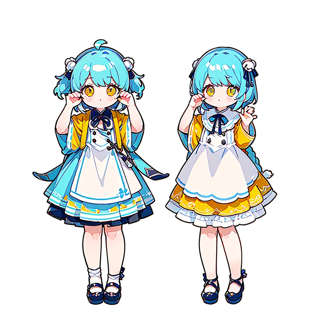 ((tmasterpiece))、(((top-quality))、(CharacterDesignSheet、Same character、gauges、Across、A sole)、illustratio、1 rapariga、、By bangs、yellow eyes、environment change scene、hairstyle fax、Pose Jitai、femele、Light blue hair、twosideup、There is a light blue ribbon on the head、Witch outfit、(simple background、White background:1.3)、